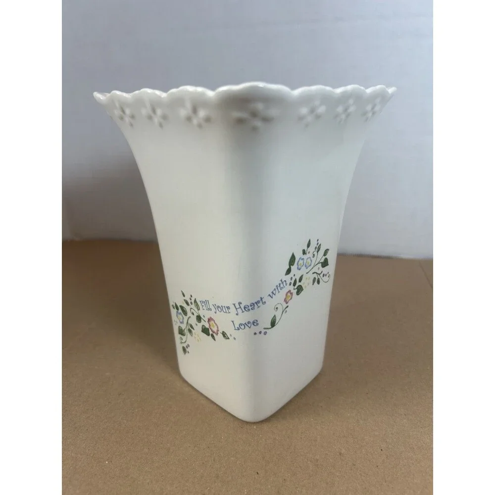 Cream Floral Vase Scalloped Rim Embossed Fill Your Heart Home W/Love Happiness